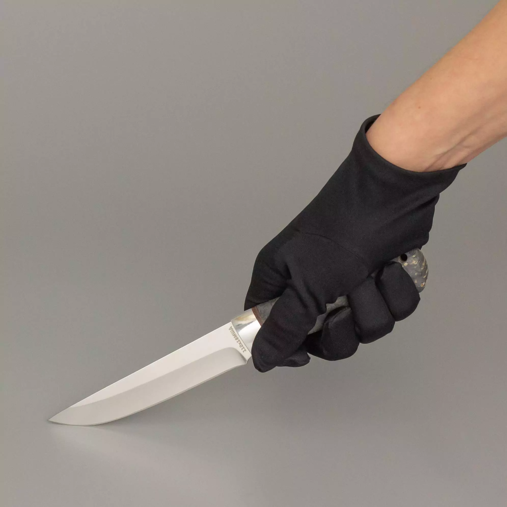 Нож Турист (сталь 110Х18МШД, Ручка кап клена стаб. Черный с Желтыми вкраплениямигарда ал) (8)